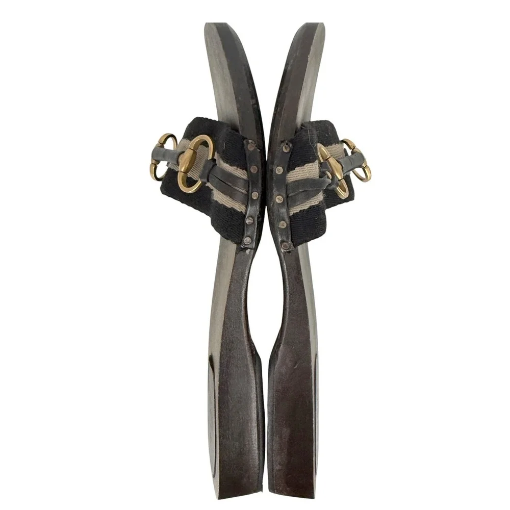 Gucci Vintage Horse-bit Wooden Slide Sandals Black Striped Canvas 8.5 Italy